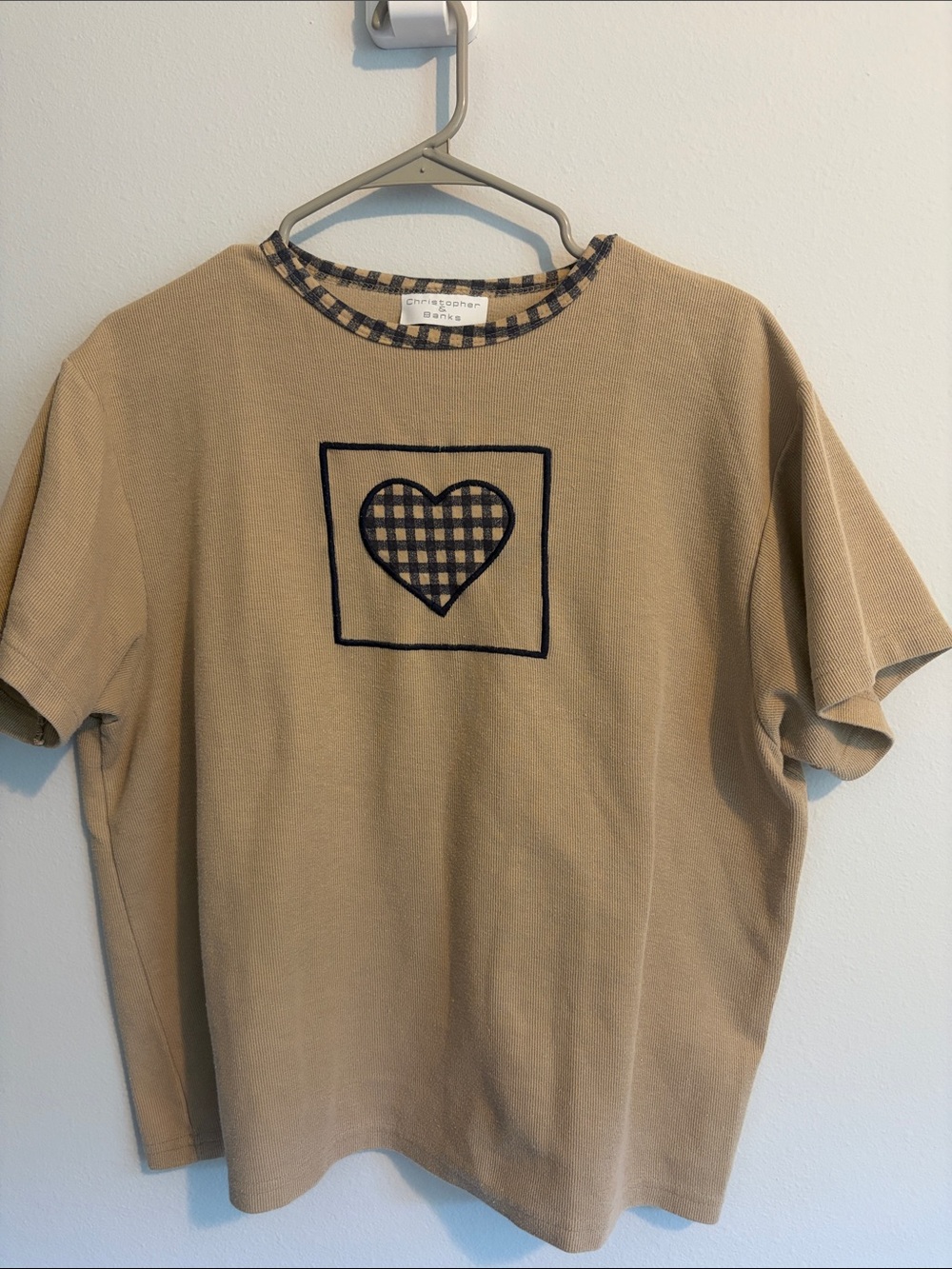 Christopher & Banks Tan Short Sleeve Heart Appliqué Top